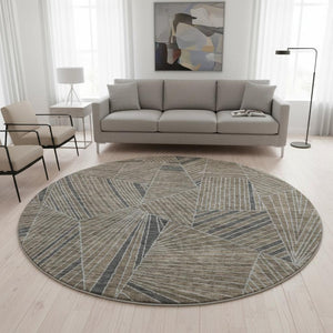HomeRoots 8' Modern Geometric Coffee and Gray Round Rug - Washable, UV Protected, Stain Resistant for Active Homes 672776