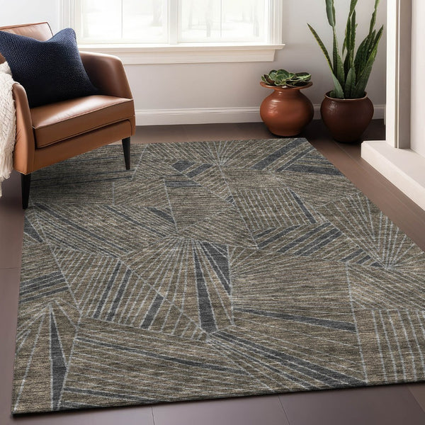 HomeRoots 8' X 10' Coffee and Gray Geometric Washable Area Rug with Stain Resistance and UV Protection 672777