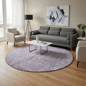 HomeRoots 8' Purple and Ivory Geometric Washable Round Rug - UV Protected, Durable, Stain Resistant, Stylish! 672782