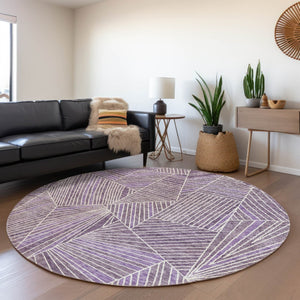 HomeRoots 8' Purple and Ivory Geometric Washable Round Rug - UV Protected, Durable, Stain Resistant, Stylish! 672782