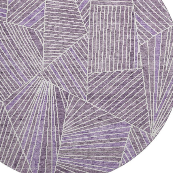 HomeRoots 8' Purple and Ivory Geometric Washable Round Rug - UV Protected, Durable, Stain Resistant, Stylish! 672782