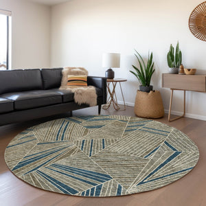 HomeRoots 8' Taupe and Beige Geometric Washable Round Rug with UV Protection for Modern Living Spaces 672788