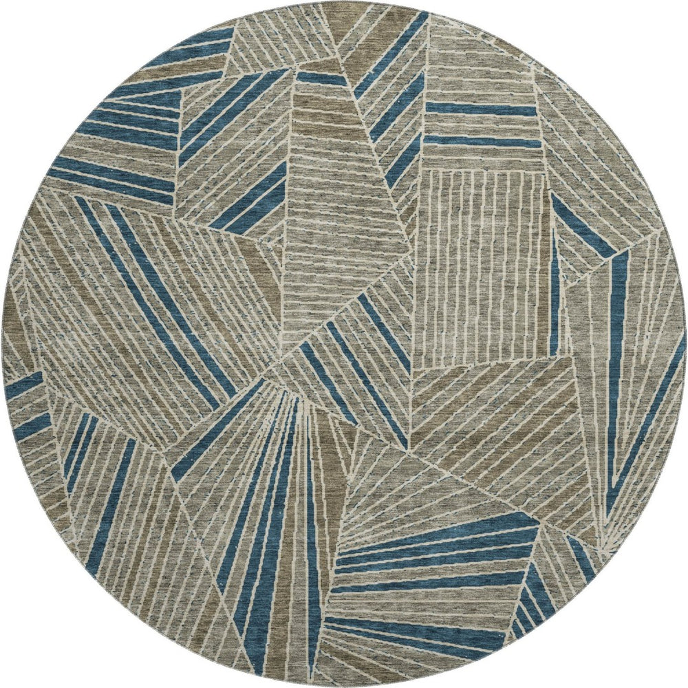 HomeRoots 8' Taupe and Beige Geometric Washable Round Rug with UV Protection for Modern Living Spaces 672788