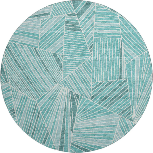 HomeRoots 8' Teal and Ivory Round Rug - Modern Geometric Design, Washable, UV Protected, Stain-Resistant Comfort 672794