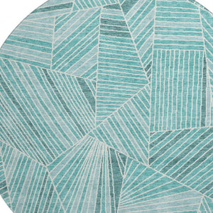 HomeRoots 8' Teal and Ivory Round Rug - Modern Geometric Design, Washable, UV Protected, Stain-Resistant Comfort 672794