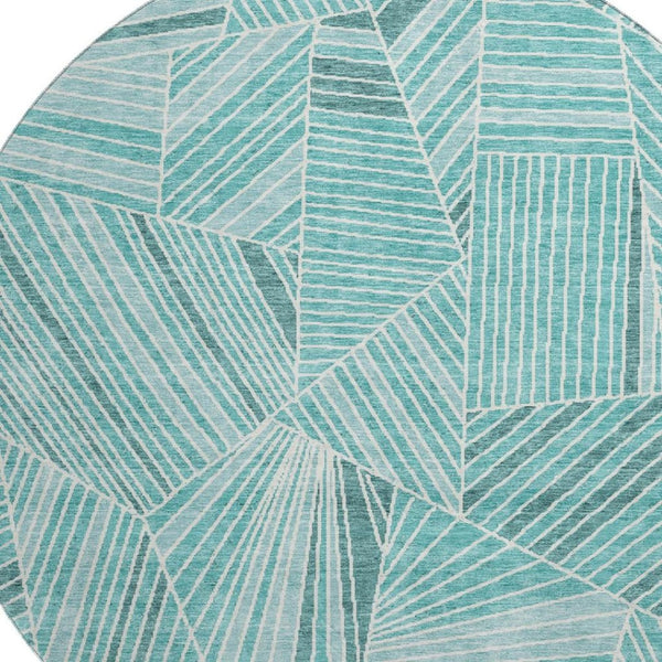HomeRoots 8' Teal and Ivory Round Rug - Modern Geometric Design, Washable, UV Protected, Stain-Resistant Comfort 672794