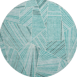 HomeRoots 8' Teal and Ivory Round Rug - Modern Geometric Design, Washable, UV Protected, Stain-Resistant Comfort 672794