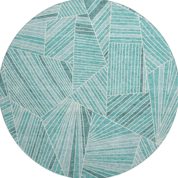 HomeRoots 8' Teal and Ivory Round Rug - Modern Geometric Design, Washable, UV Protected, Stain-Resistant Comfort 672794