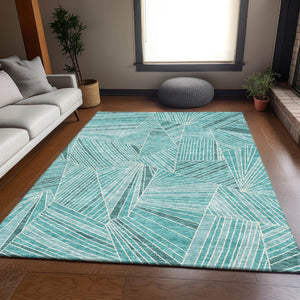 HomeRoots 8' X 10' Teal & Ivory Geometric Area Rug – Stylish, Washable, Stain-Resistant with UV Protection! 672795