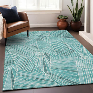 HomeRoots 9' X 12' Teal and Ivory Geometric Washable Area Rug - Durable, Stylish, and UV-Protected for Homes 672796