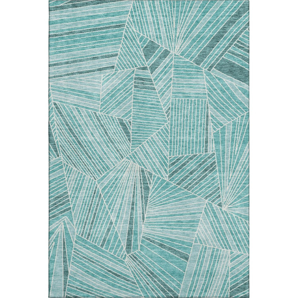 HomeRoots 10' X 14' Teal And Ivory Geometric Area Rug – Washable, UV-Protected, Stylish, Durable for High-Traffic Spaces 672797