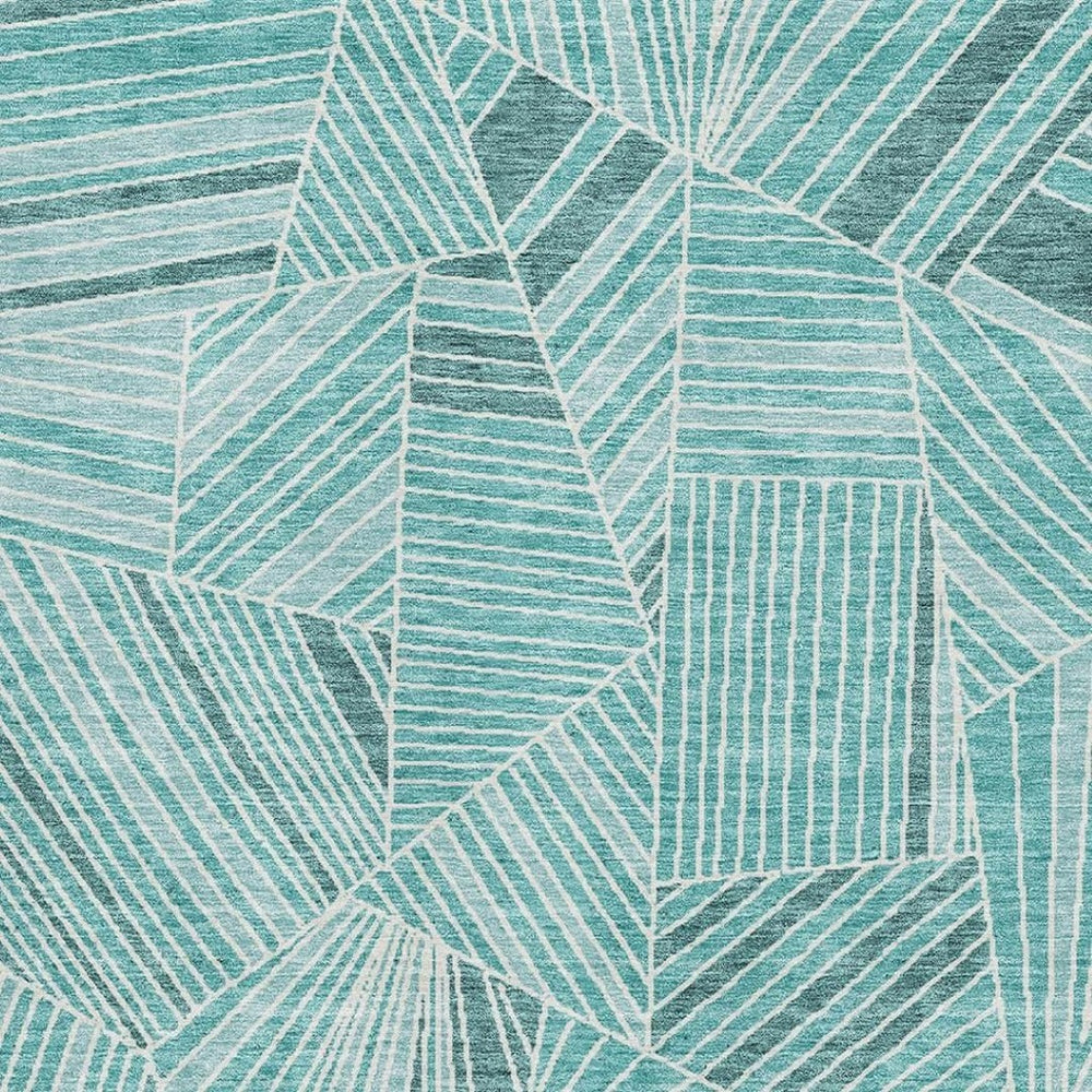 HomeRoots 10' X 14' Teal And Ivory Geometric Area Rug – Washable, UV-Protected, Stylish, Durable for High-Traffic Spaces 672797