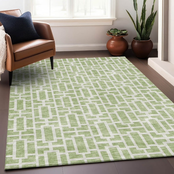 HomeRoots 5' X 8' Artichoke Green and Ivory Geometric Area Rug - Washable, UV Protected, Stylish & Durable! 672799