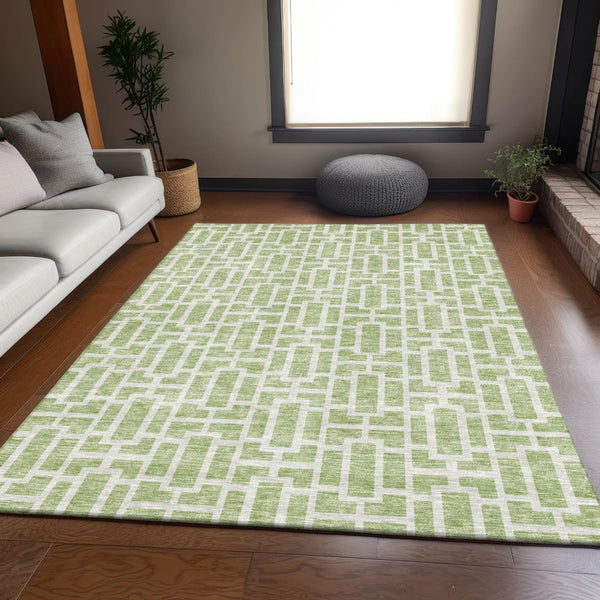 HomeRoots 5' X 8' Artichoke Green and Ivory Geometric Area Rug - Washable, UV Protected, Stylish & Durable! 672799