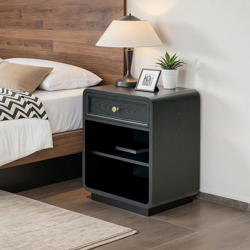 English Elm Nightstand Art Deco Matte Black Finish Antiqued Brass Hardware Open Shelf Bedroom B035P482920