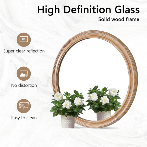 English Elm Round Ribbed Wood Framed Wall Mirror - 23.62" Natural Decorative Mirror For Coastal & Farmhouse Styles W2295P388972-GIGA