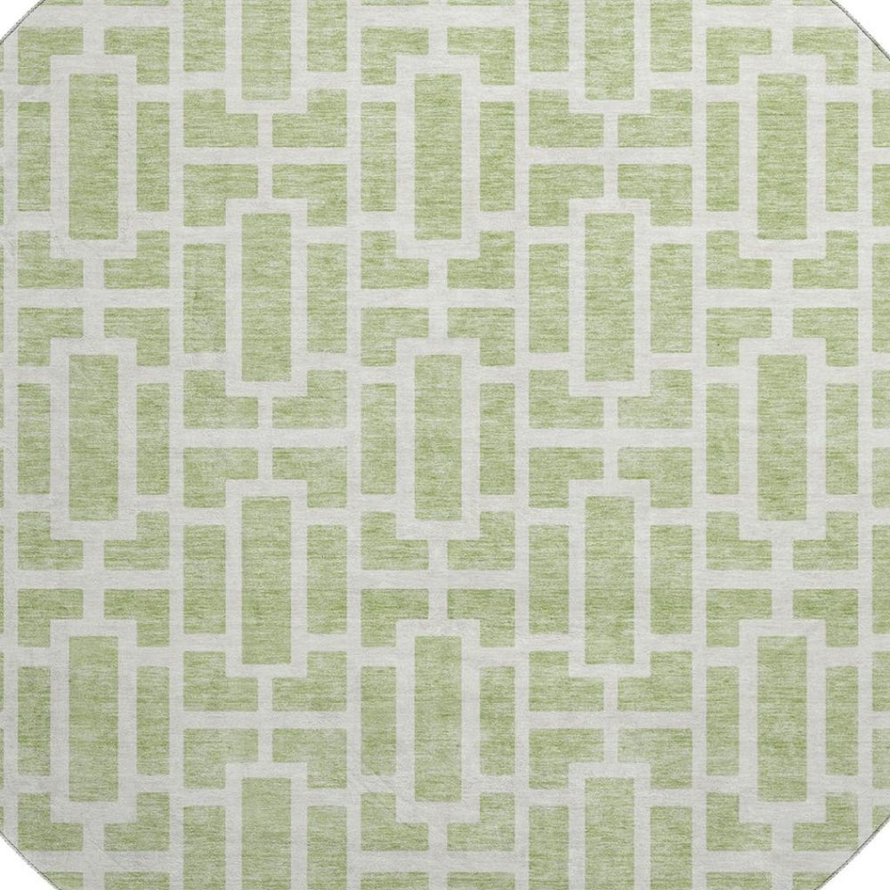 HomeRoots 8' Artichoke Green & Ivory Geometric Round Rug – Washable, UV-Protected, Perfect for High-Traffic Areas! 672800