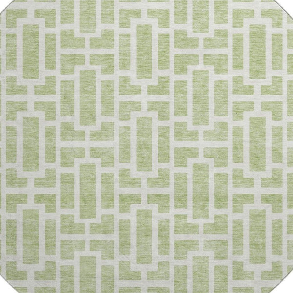 HomeRoots 8' Artichoke Green & Ivory Geometric Round Rug – Washable, UV-Protected, Perfect for High-Traffic Areas! 672800