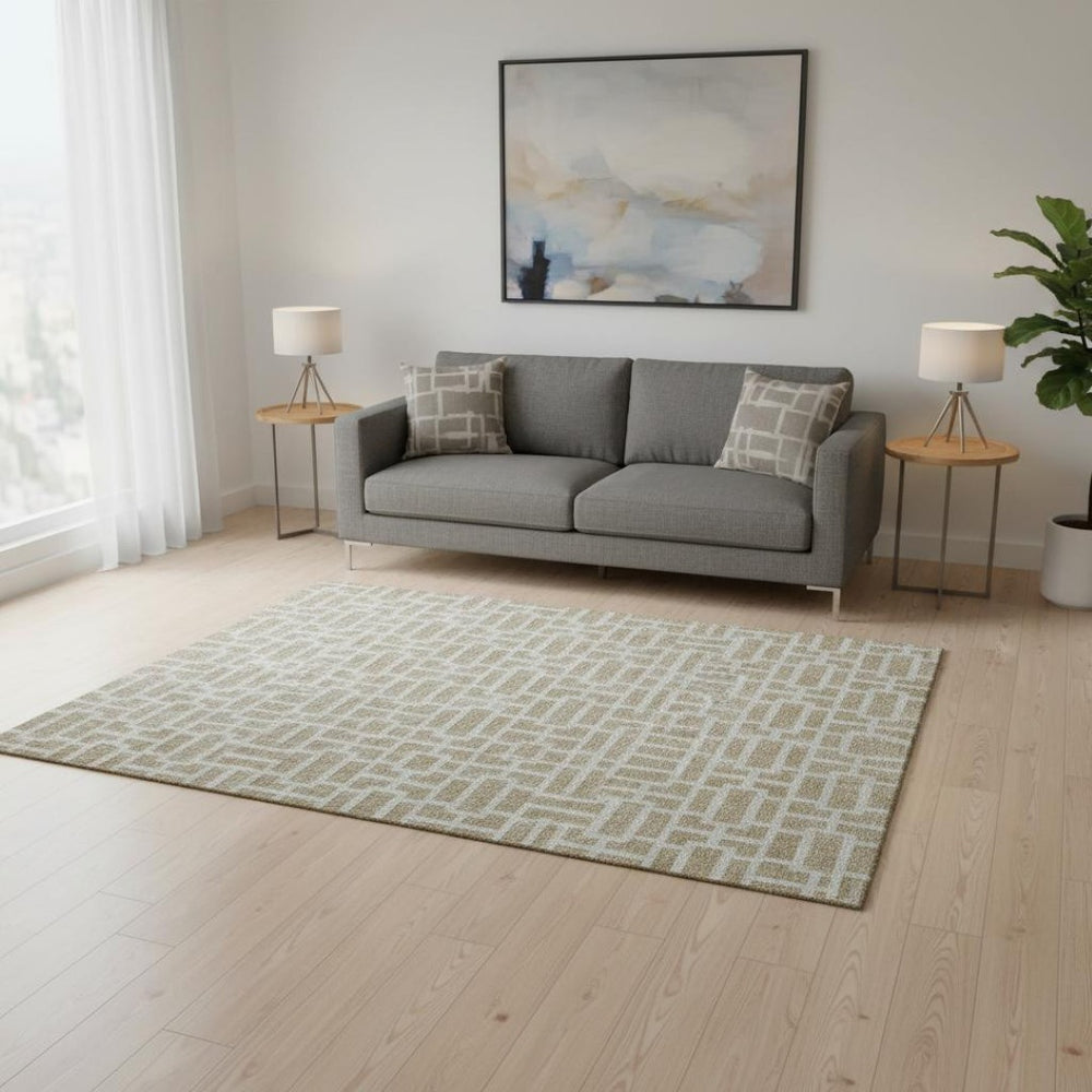 HomeRoots 5' X 8' Stylish Beige and Ivory Geometric Washable Area Rug with UV Protection for Modern Homes 672805