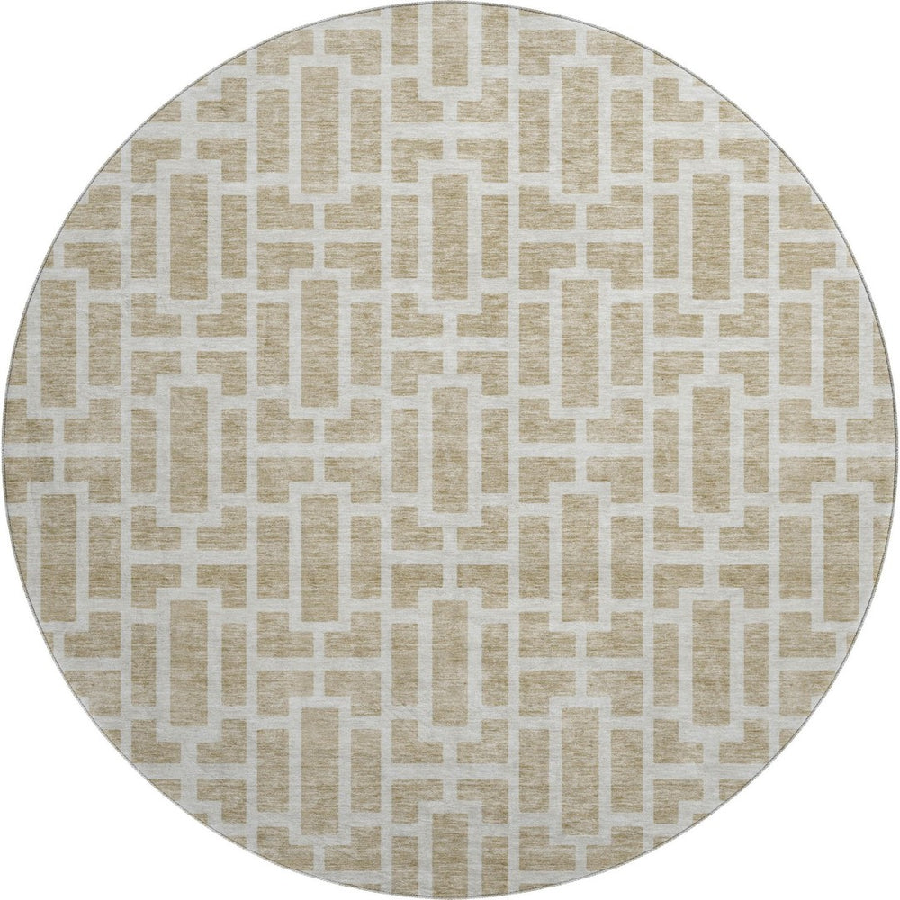 HomeRoots 8' Beige and Ivory Geometric Round Rug - Washable, UV-Protected, Ideal for High Traffic Areas 672806