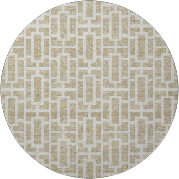HomeRoots 8' Beige and Ivory Geometric Round Rug - Washable, UV-Protected, Ideal for High Traffic Areas 672806