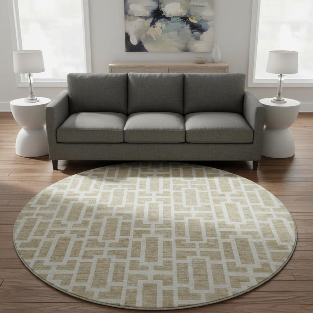 HomeRoots 8' Beige and Ivory Geometric Round Rug - Washable, UV-Protected, Ideal for High Traffic Areas 672806
