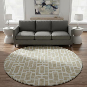 HomeRoots 8' Beige and Ivory Geometric Round Rug - Washable, UV-Protected, Ideal for High Traffic Areas 672806