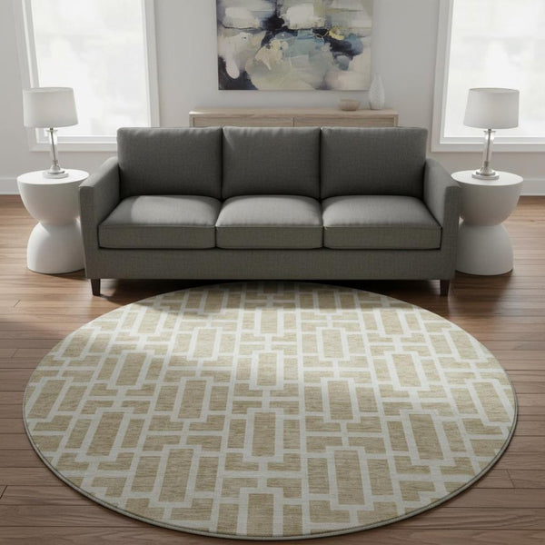 HomeRoots 8' Beige and Ivory Geometric Round Rug - Washable, UV-Protected, Ideal for High Traffic Areas 672806