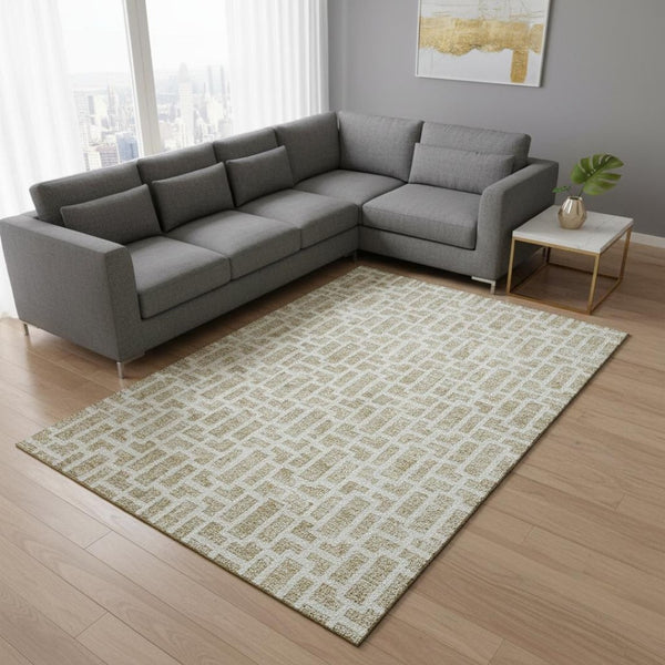 HomeRoots 9' X 12' Washable Beige and Ivory Geometric Area Rug – UV Protected, Perfect for Busy Homes! 672808