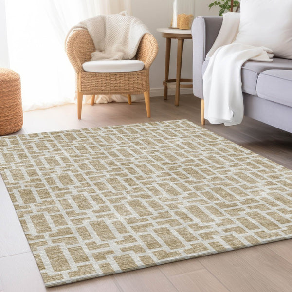 HomeRoots 9' X 12' Washable Beige and Ivory Geometric Area Rug – UV Protected, Perfect for Busy Homes! 672808