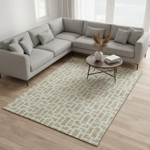 HomeRoots 10' X 14' Washable Beige & Ivory Geometric Area Rug with UV Protection for Stylish Living Spaces 672809
