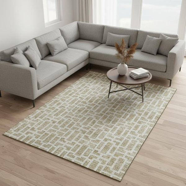 HomeRoots 10' X 14' Washable Beige & Ivory Geometric Area Rug with UV Protection for Stylish Living Spaces 672809