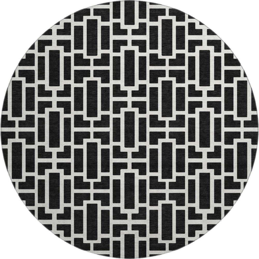 HomeRoots 8' Black And Ivory Geometric Round Rug - Washable, UV Protected, Durable, Modern Design for Any Space 672812