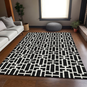 HomeRoots 9' X 12' Black and Ivory Geometric Area Rug - Modern, Washable, UV-Protected, Family-Friendly Design! 672814