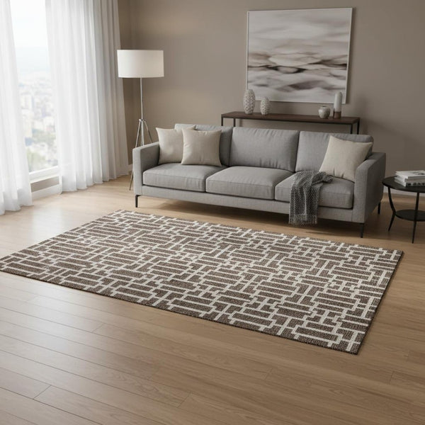 HomeRoots 5' X 8' Brown and Ivory Geometric Area Rug - Durable, Washable, UV-Resistant, Ideal for High-Traffic Spaces 672817