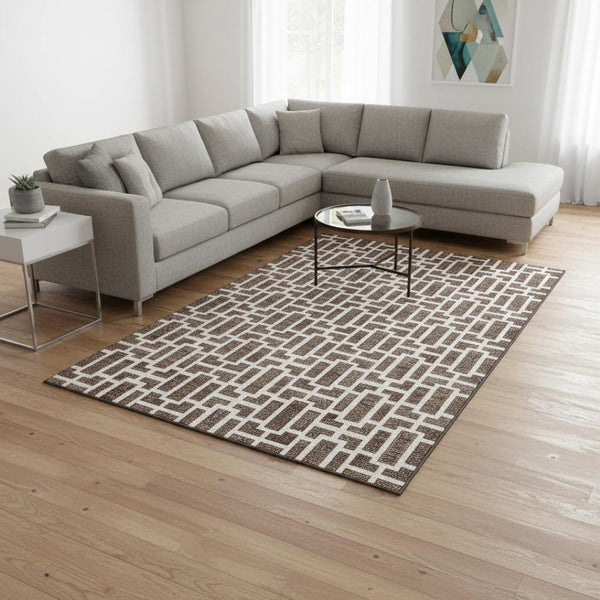 HomeRoots 8' X 10' Modern Brown & Ivory Geometric Area Rug – Washable, UV-Protected, Durable for High-Traffic Spaces 672819