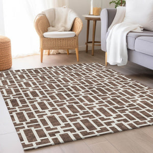 HomeRoots 9' X 12' Brown and Ivory Geometric Area Rug - Washable, UV Protected, Perfect for High-Traffic Spaces! 672820