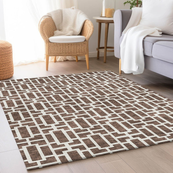 HomeRoots 9' X 12' Brown and Ivory Geometric Area Rug - Washable, UV Protected, Perfect for High-Traffic Spaces! 672820