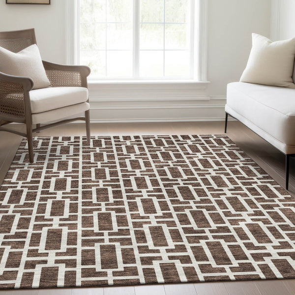 HomeRoots 9' X 12' Brown and Ivory Geometric Area Rug - Washable, UV Protected, Perfect for High-Traffic Spaces! 672820