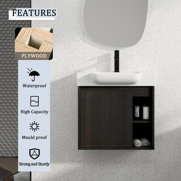 English Elm 24'' Floating Wall Mounted Bathroom Vanity with Ceramic Sink and Soft Close Cabinet Dark Oak W999P426634
