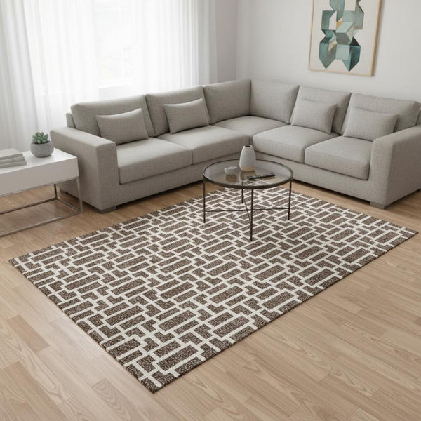HomeRoots 10' X 14' Geometric Brown & Ivory Washable Area Rug with UV Protection for Stylish, Durable Living Spaces 672821