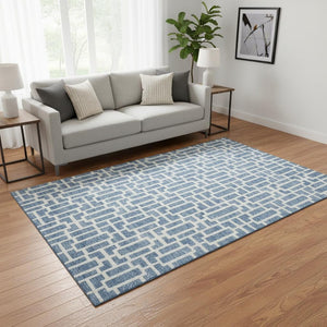HomeRoots 5' X 8' Denim Blue & Ivory Geometric Area Rug - Washable, UV Protected, Durable for Modern Homes 672823