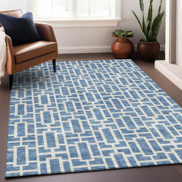 HomeRoots 5' X 8' Denim Blue & Ivory Geometric Area Rug - Washable, UV Protected, Durable for Modern Homes 672823