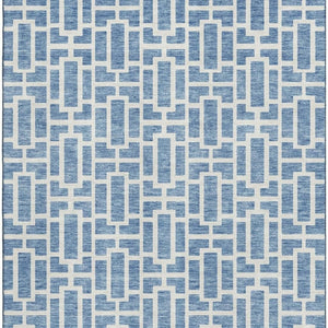 HomeRoots 5' X 8' Denim Blue & Ivory Geometric Area Rug - Washable, UV Protected, Durable for Modern Homes 672823