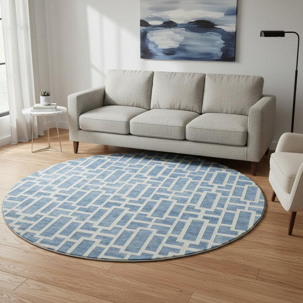 HomeRoots 8' Denim Blue & Ivory Geometric Round Rug - Washable, Stain-Resistant, UV Protected & Non-Slip 672824