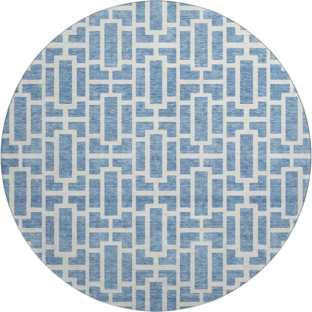 HomeRoots 8' Denim Blue & Ivory Geometric Round Rug - Washable, Stain-Resistant, UV Protected & Non-Slip 672824