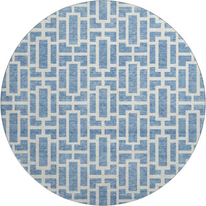 HomeRoots 8' Denim Blue & Ivory Geometric Round Rug - Washable, Stain-Resistant, UV Protected & Non-Slip 672824