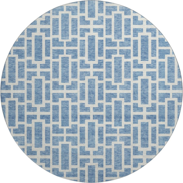 HomeRoots 8' Denim Blue & Ivory Geometric Round Rug - Washable, Stain-Resistant, UV Protected & Non-Slip 672824