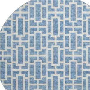 HomeRoots 8' Denim Blue & Ivory Geometric Round Rug - Washable, Stain-Resistant, UV Protected & Non-Slip 672824