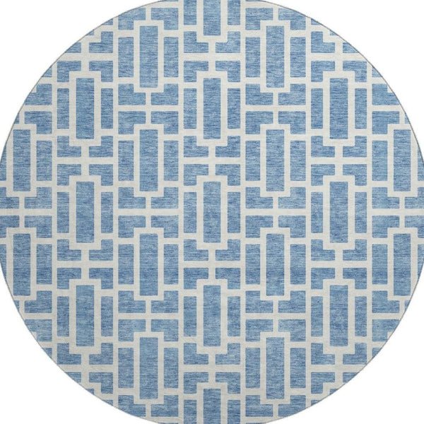 HomeRoots 8' Denim Blue & Ivory Geometric Round Rug - Washable, Stain-Resistant, UV Protected & Non-Slip 672824